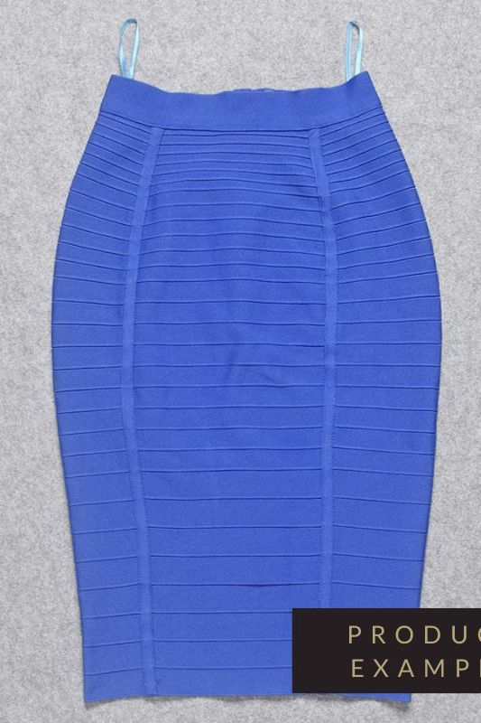 Woman wearing a figure flattering  Pencil High Waist Bandage Knee Length Knitted Skirt - Navy Blue BODYCON COLLECTION