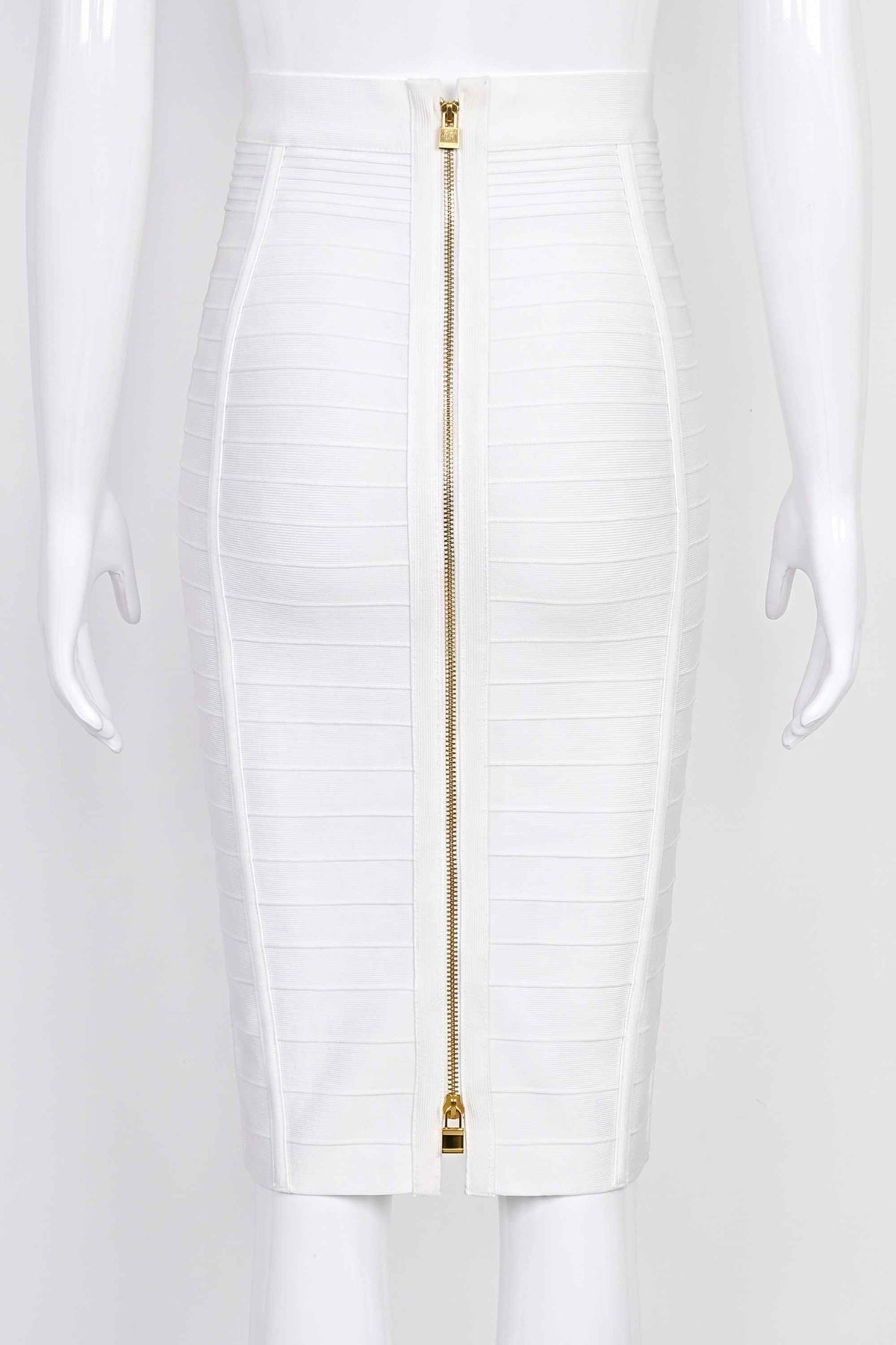 Woman wearing a figure flattering  Pencil High Waist Bandage Knee Length Knitted Skirt - Pearl White BODYCON COLLECTION