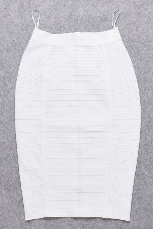 Woman wearing a figure flattering  Pencil High Waist Bandage Knee Length Knitted Skirt - Pearl White BODYCON COLLECTION
