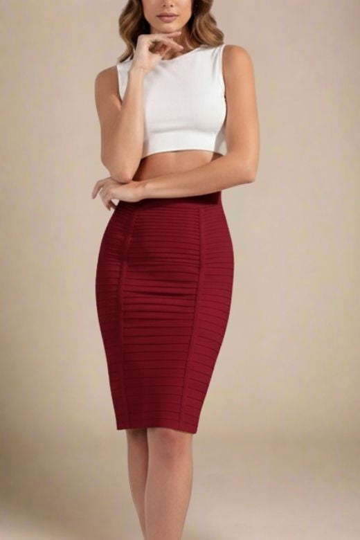 Woman wearing a figure flattering  Pencil High Waist Bandage Knee Length Knitted Skirt - Red Wine BODYCON COLLECTION