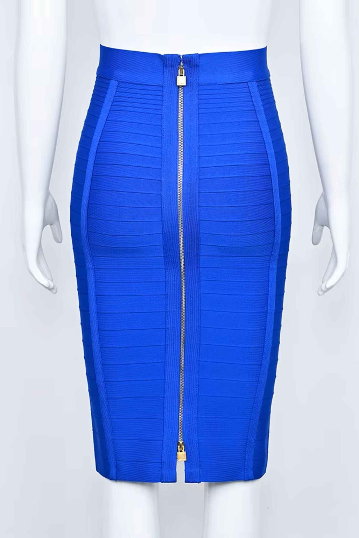 Woman wearing a figure flattering  Pencil High Waist Bandage Knee Length Knitted Skirt - Royal Blue BODYCON COLLECTION