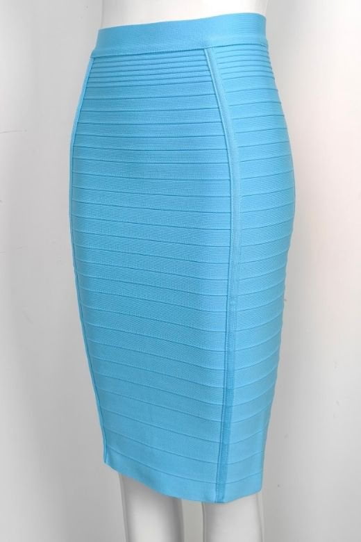 Woman wearing a figure flattering  Pencil High Waist Bandage Knee Length Knitted Skirt - Sky Blue BODYCON COLLECTION