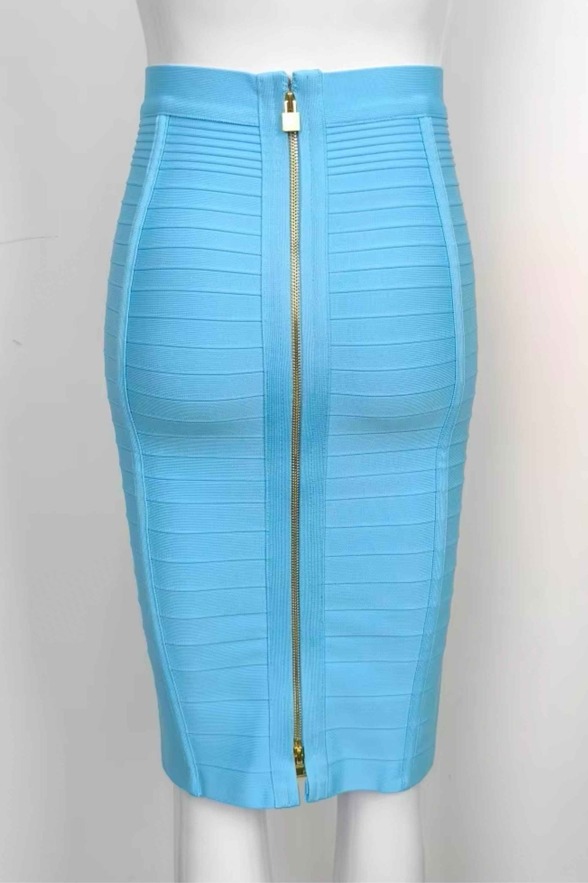 Woman wearing a figure flattering  Pencil High Waist Bandage Knee Length Knitted Skirt - Sky Blue BODYCON COLLECTION