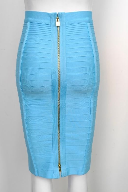 Woman wearing a figure flattering  Pencil High Waist Bandage Knee Length Knitted Skirt - Sky Blue BODYCON COLLECTION