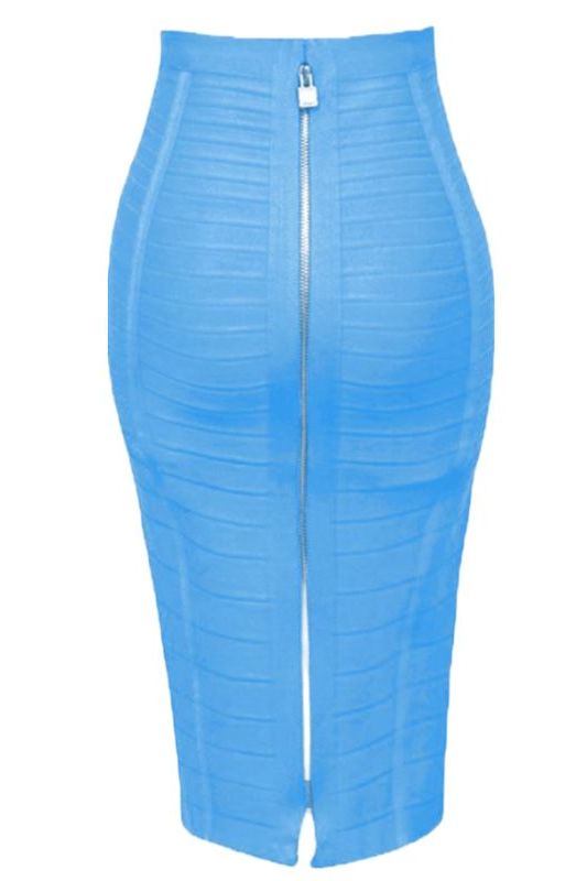 Woman wearing a figure flattering  Pencil High Waist Bandage Knee Length Knitted Skirt - Sky Blue BODYCON COLLECTION