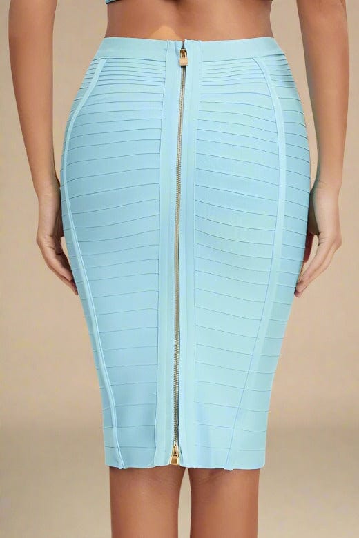 Woman wearing a figure flattering  Pencil High Waist Bandage Knee Length Knitted Skirt - Sky Blue BODYCON COLLECTION