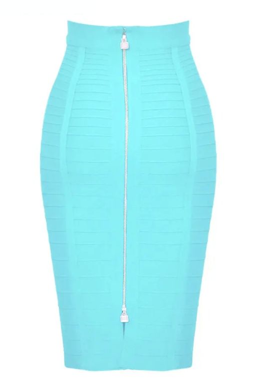 Woman wearing a figure flattering  Pencil High Waist Bandage Knee Length Knitted Skirt - Sky Blue BODYCON COLLECTION