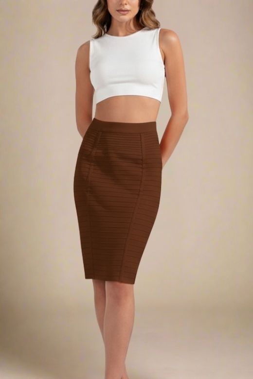 Woman wearing a figure flattering  Pencil High Waist Bandage Knee Length Knitted Skirt - Tan Brown BODYCON COLLECTION