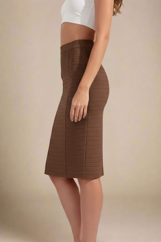 Woman wearing a figure flattering  Pencil High Waist Bandage Knee Length Knitted Skirt - Tan Brown BODYCON COLLECTION