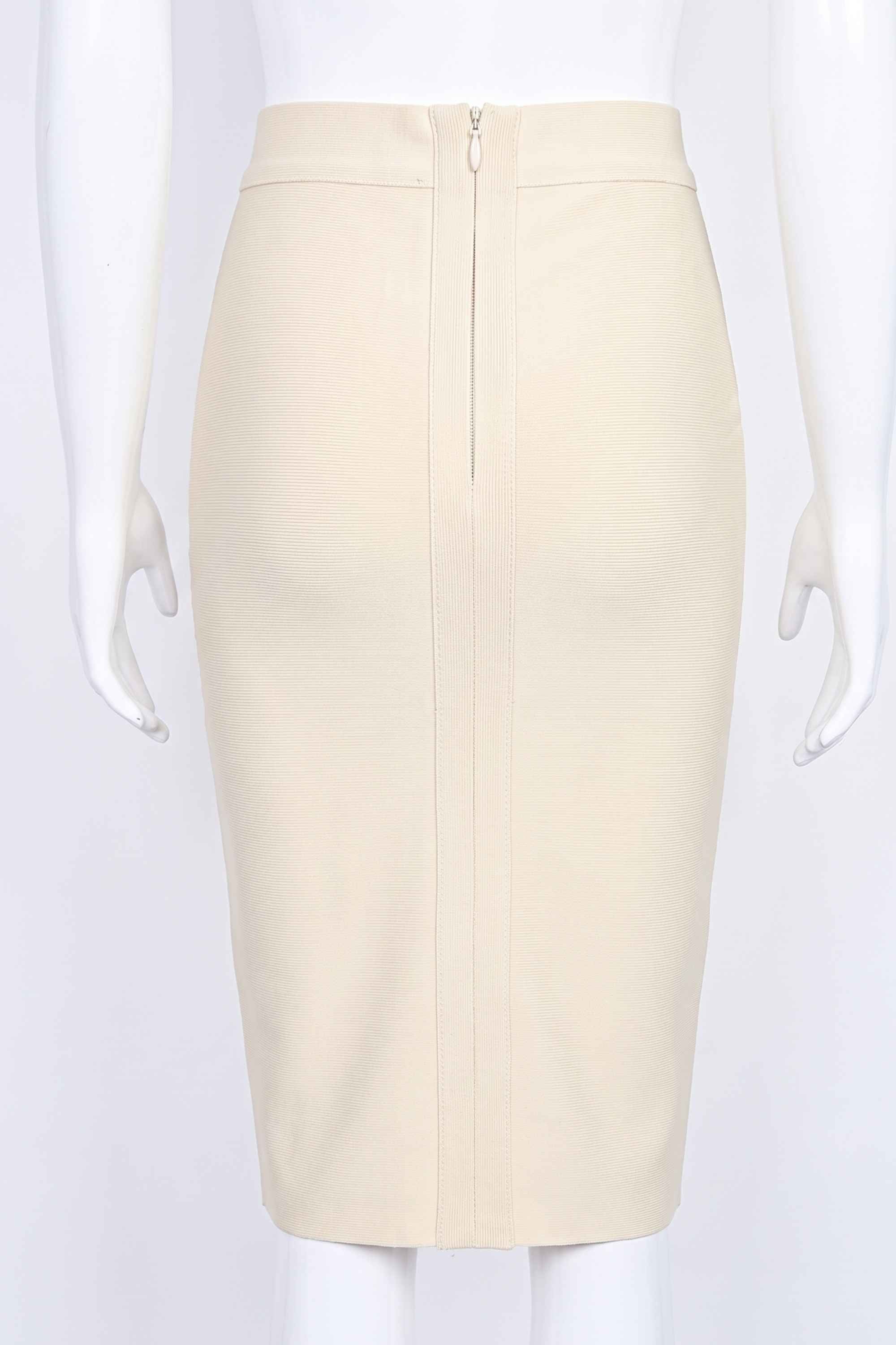 Woman wearing a figure flattering  Pencil High Waist Bandage Knee Length Skirt - Cream BODYCON COLLECTION