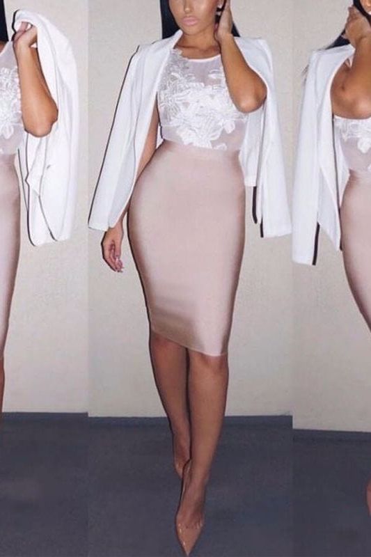 Woman wearing a figure flattering  Pencil High Waist Bandage Knee Length Skirt - Cream BODYCON COLLECTION