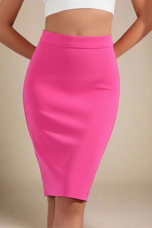 Woman wearing a figure flattering  Pencil High Waist Bandage Knee Length Skirt - Hot Pink BODYCON COLLECTION