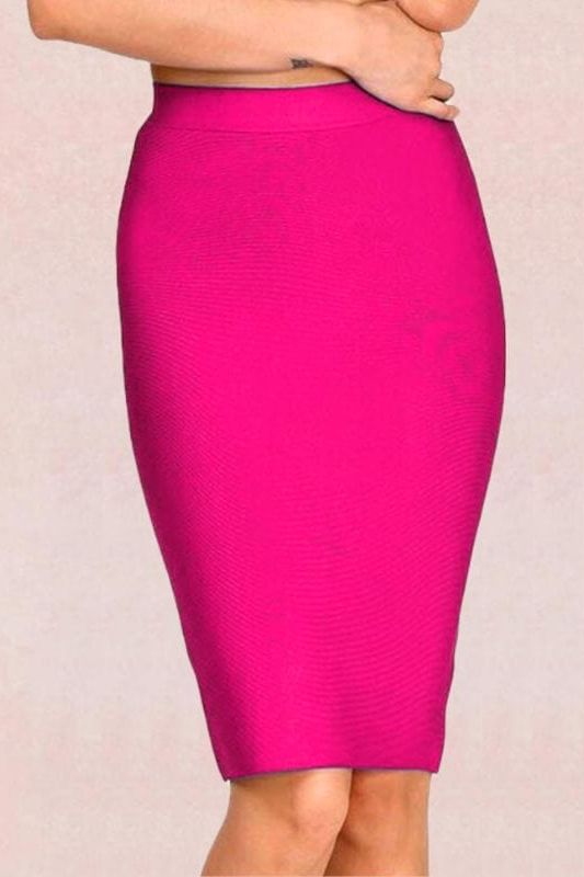 Woman wearing a figure flattering  Pencil High Waist Bandage Knee Length Skirt - Hot Pink BODYCON COLLECTION