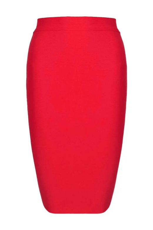Woman wearing a figure flattering  Pencil High Waist Bandage Knee Length Skirt - Lipstick Red BODYCON COLLECTION