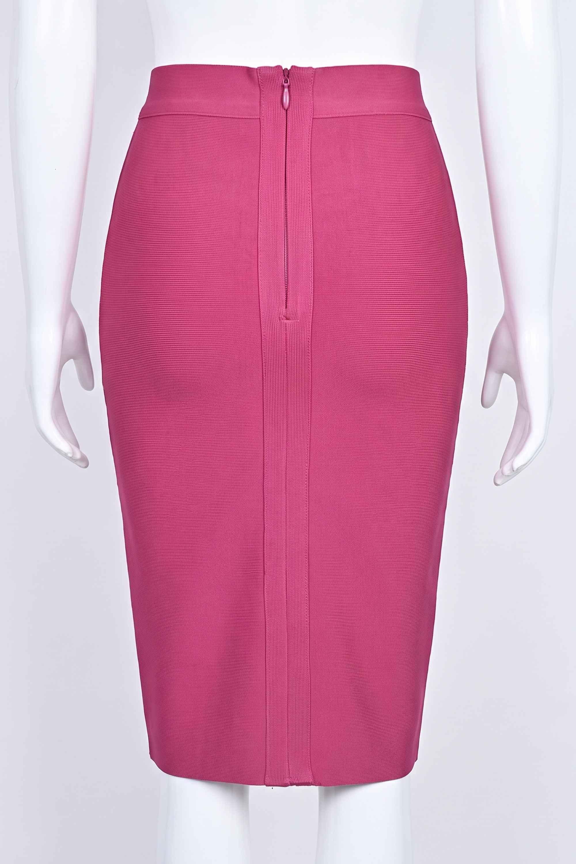 Woman wearing a figure flattering  Pencil High Waist Bandage Knee Length Skirt - Magenta Pink BODYCON COLLECTION