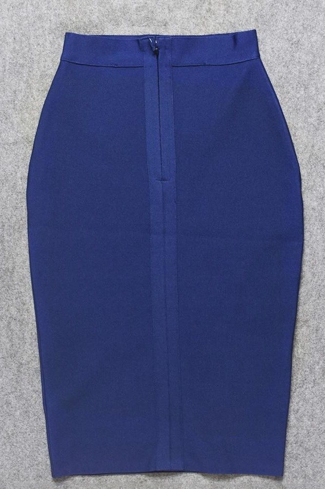 Woman wearing a figure flattering  Pencil High Waist Bandage Knee Length Skirt - Navy Blue BODYCON COLLECTION