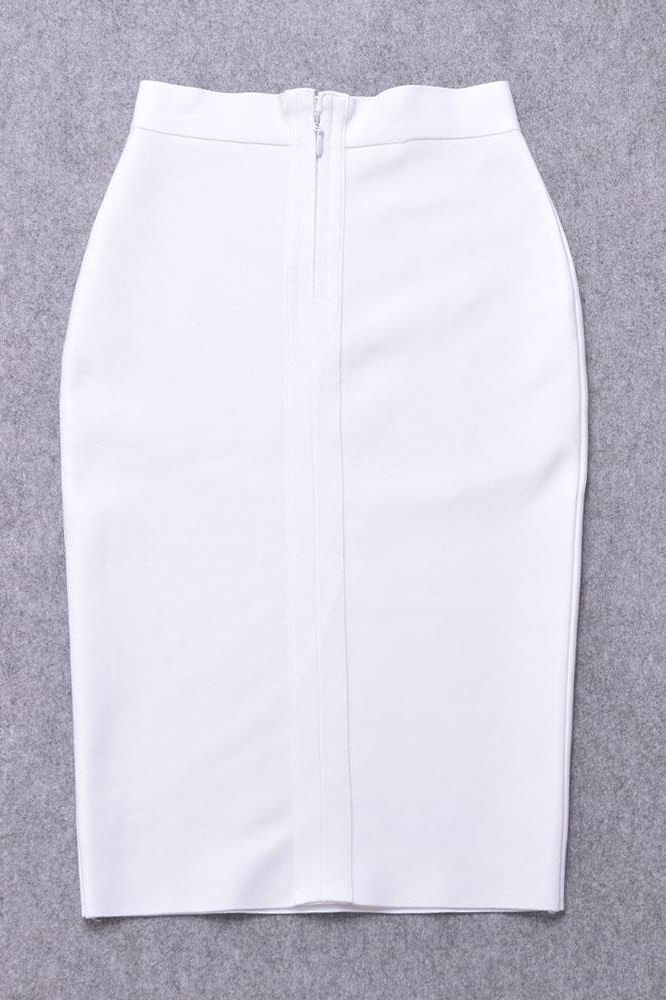 Woman wearing a figure flattering  Pencil High Waist Bandage Knee Length Skirt - Pearl White BODYCON COLLECTION