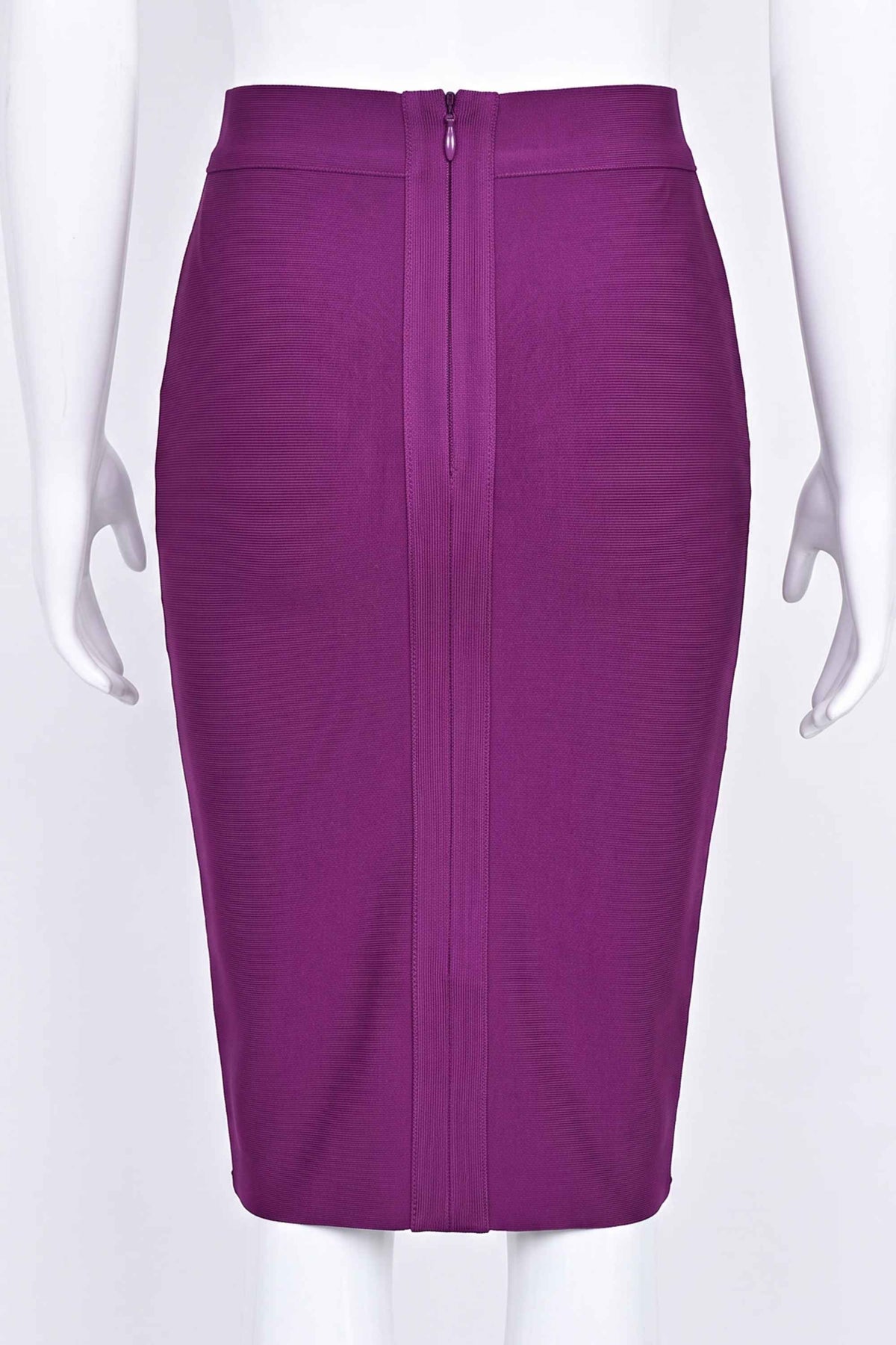 Woman wearing a figure flattering  Pencil High Waist Bandage Knee Length Skirt - Plum Purple BODYCON COLLECTION