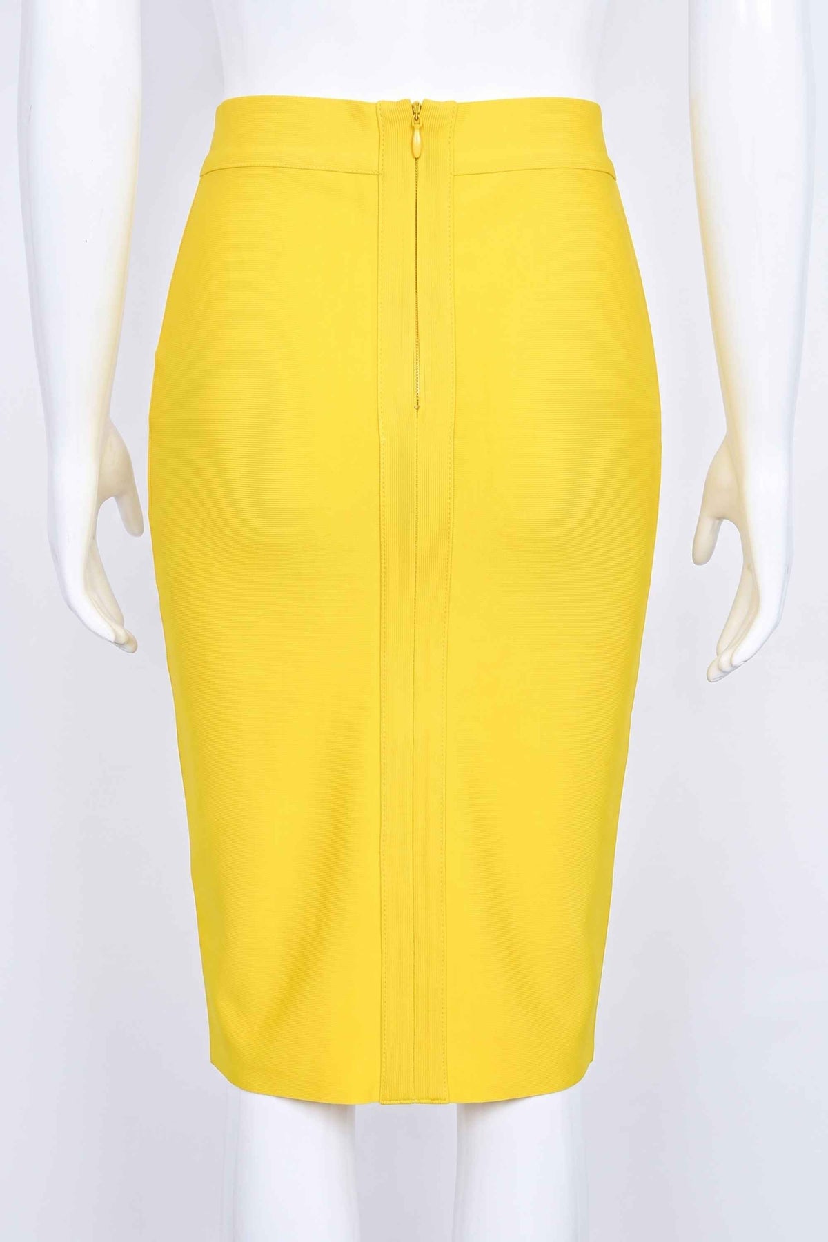 Woman wearing a figure flattering  Pencil High Waist Bandage Knee Length Skirt - Sun Yellow BODYCON COLLECTION