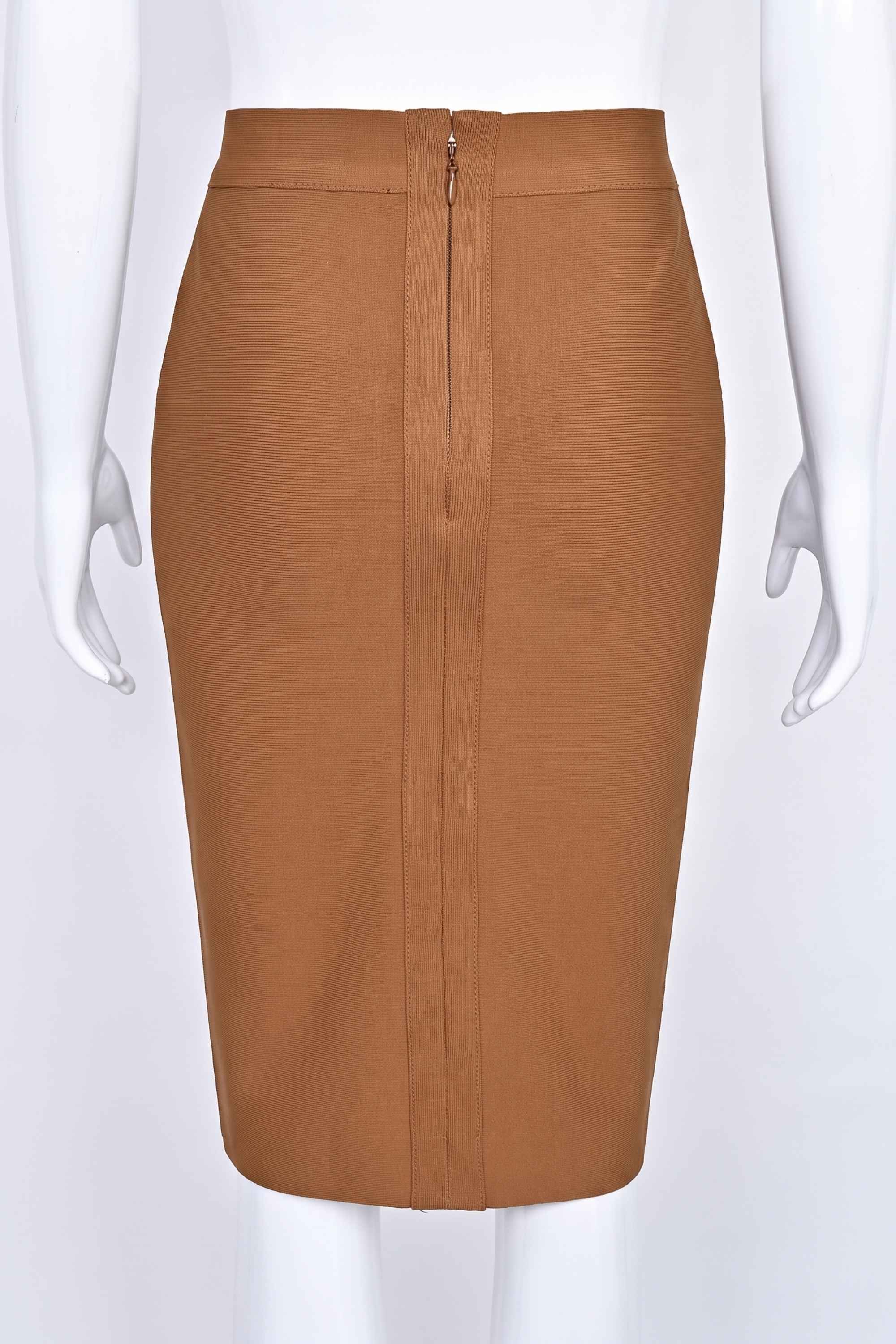 Woman wearing a figure flattering  Pencil High Waist Bandage Knee Length Skirt - Tan Brown BODYCON COLLECTION
