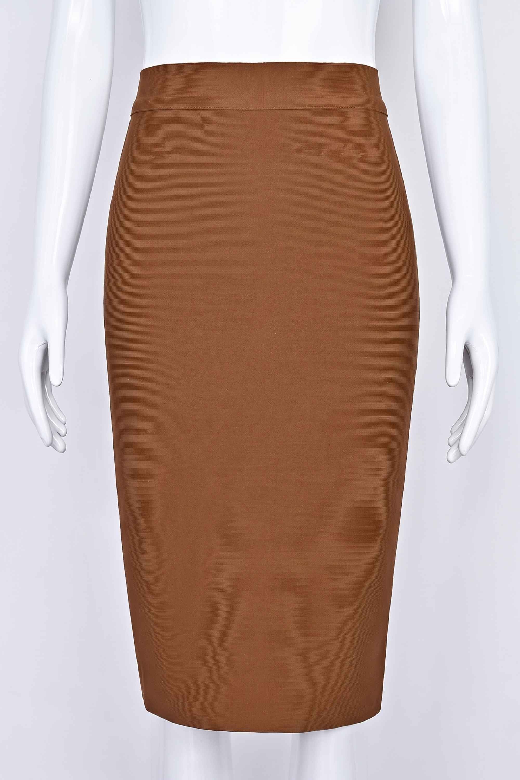 Woman wearing a figure flattering  Pencil High Waist Bandage Knee Length Skirt - Tan Brown BODYCON COLLECTION