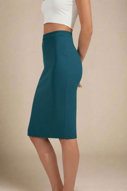 Woman wearing a figure flattering  Pencil High Waist Bandage Knee Length Skirt - Teal Blue BODYCON COLLECTION