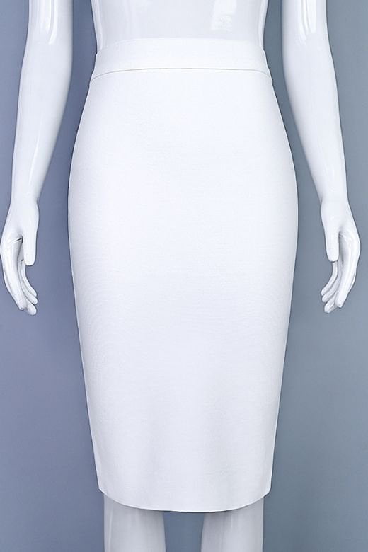 Woman wearing a figure flattering  Pencil High Waist Bandage Knee Length Skirt - White Pearl BODYCON COLLECTION