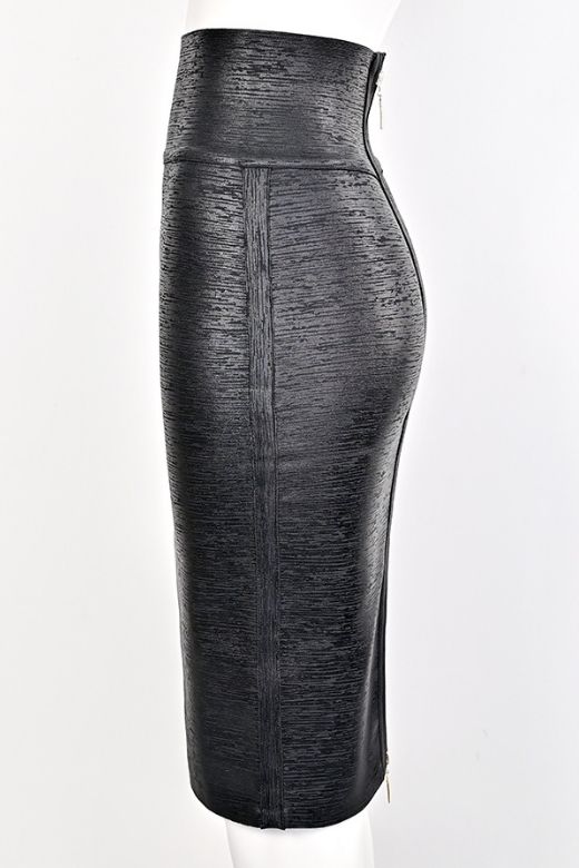 Woman wearing a figure flattering  Pencil High Waist Bandage Metallic Midi Skirt - Classic Black BODYCON COLLECTION