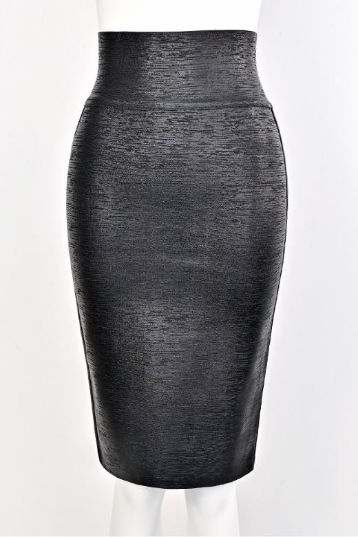 Woman wearing a figure flattering  Pencil High Waist Bandage Metallic Midi Skirt - Classic Black BODYCON COLLECTION