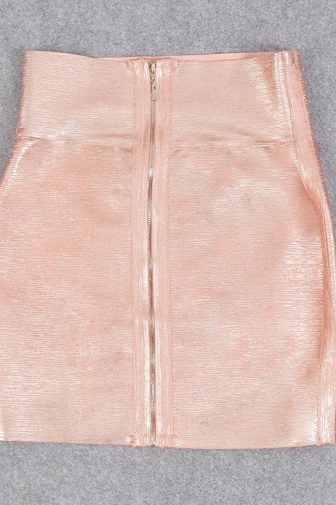 Woman wearing a figure flattering  Pencil High Waist Bandage Metallic Mini Skirt - Baby Pink BODYCON COLLECTION