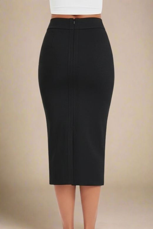 Woman wearing a figure flattering  Pencil High Waist Bandage Midi Skirt - Classic Black BODYCON COLLECTION