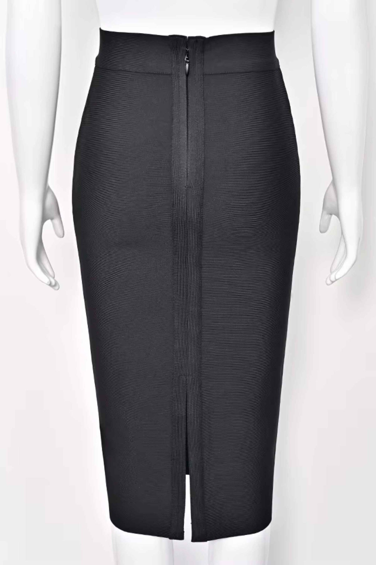 Woman wearing a figure flattering  Pencil High Waist Bandage Midi Skirt - Classic Black BODYCON COLLECTION