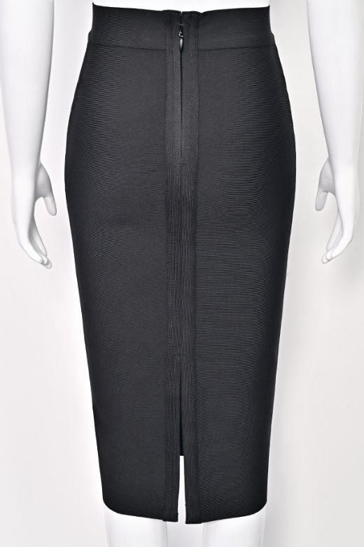 Woman wearing a figure flattering  Pencil High Waist Bandage Midi Skirt - Classic Black BODYCON COLLECTION