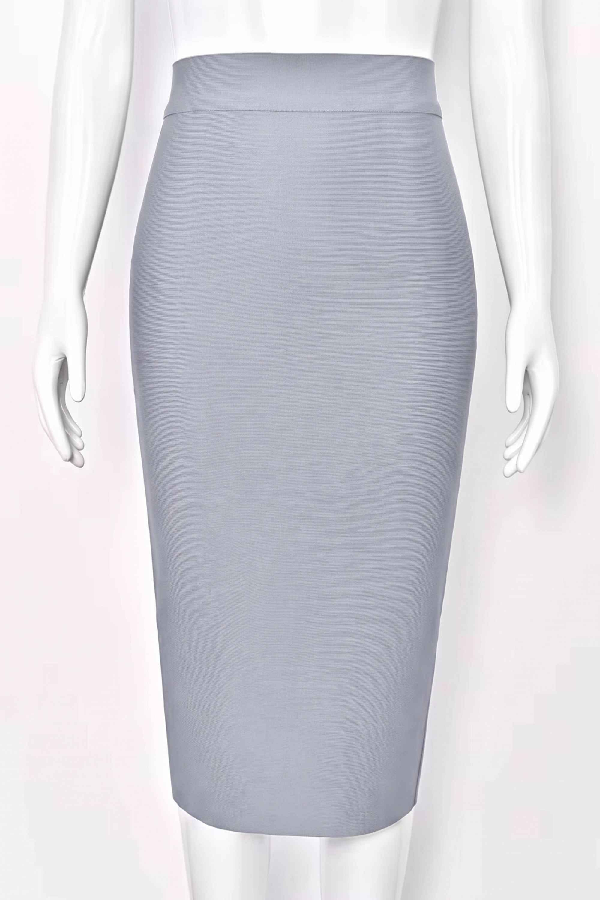 Woman wearing a figure flattering  Pencil High Waist Bandage Midi Skirt - Cloud Gray BODYCON COLLECTION