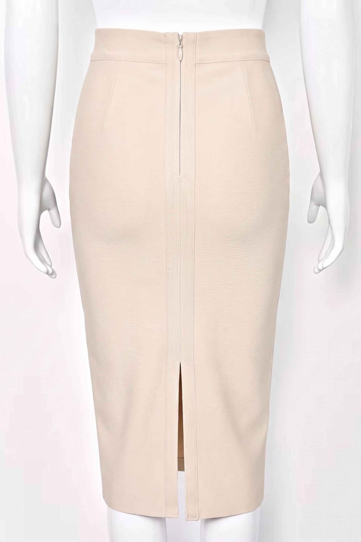 Woman wearing a figure flattering  Pencil High Waist Bandage Midi Skirt - Cream BODYCON COLLECTION