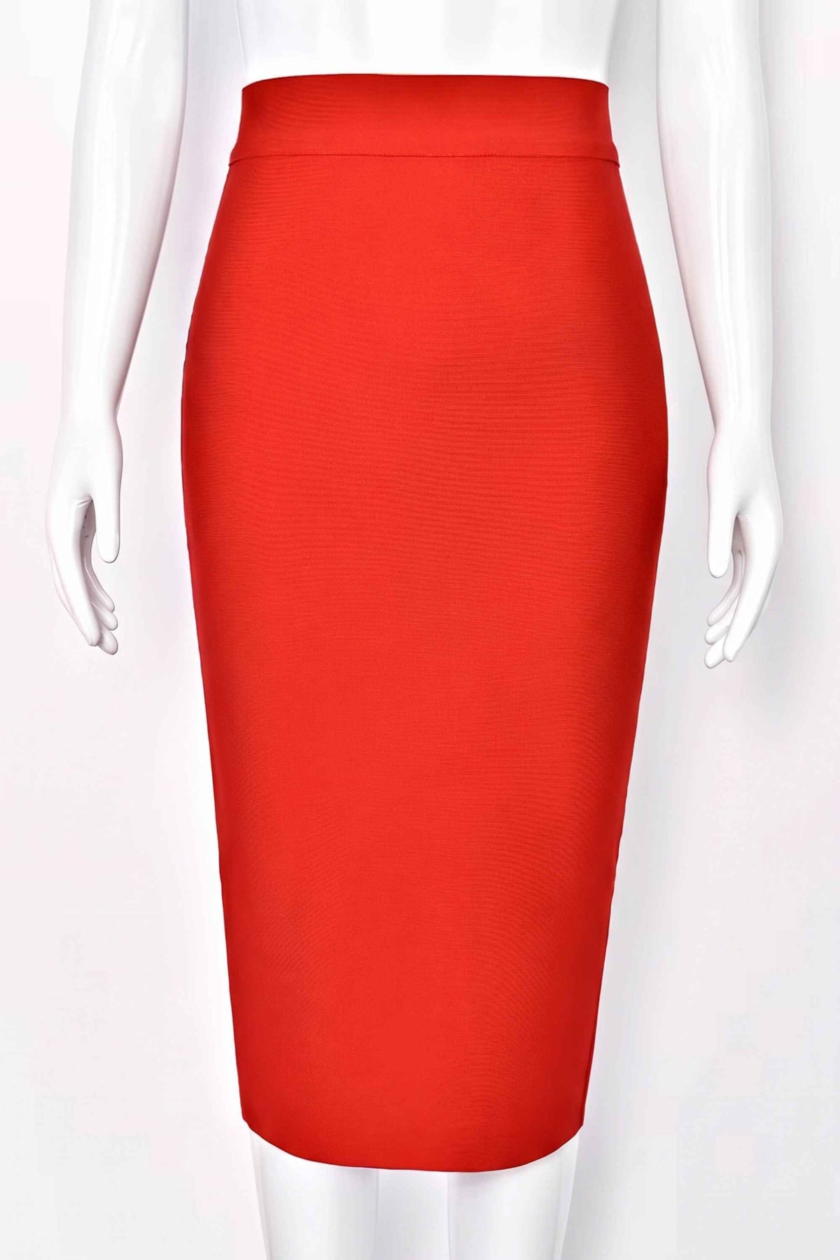 Woman wearing a figure flattering  Pencil High Waist Bandage Midi Skirt - Lipstick Red BODYCON COLLECTION