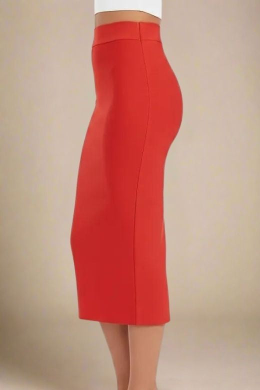 Woman wearing a figure flattering  Pencil High Waist Bandage Midi Skirt - Lipstick Red BODYCON COLLECTION