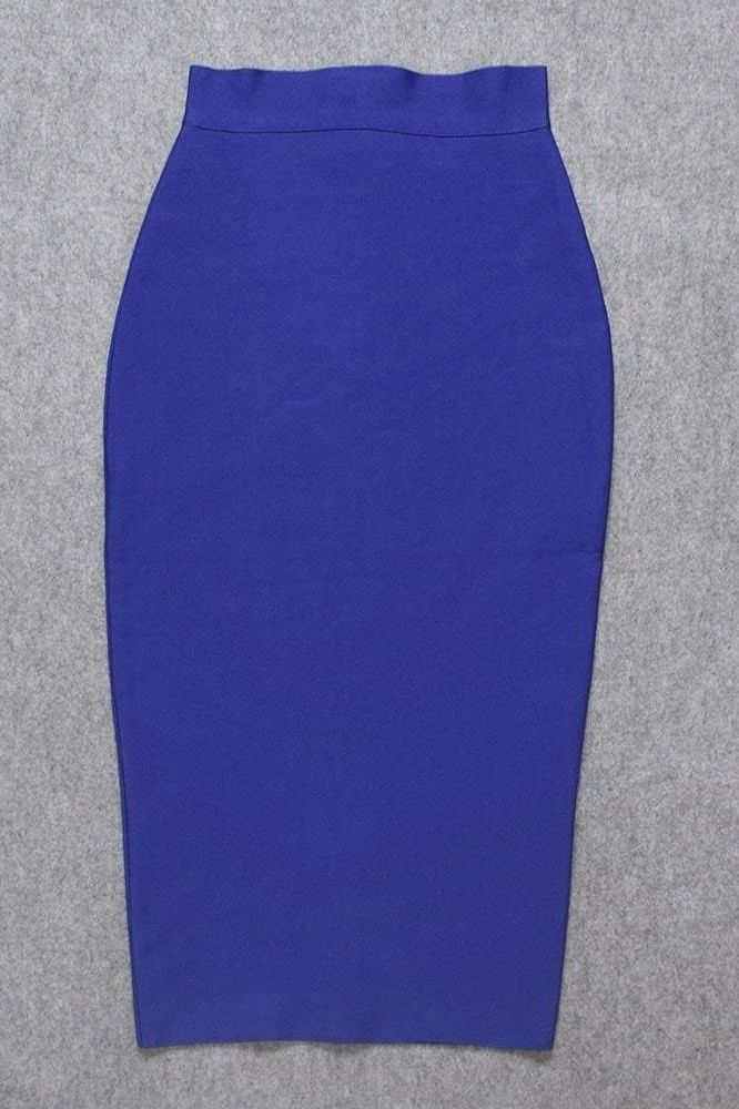 Woman wearing a figure flattering  Pencil High Waist Bandage Midi Skirt - Navy Blue BODYCON COLLECTION