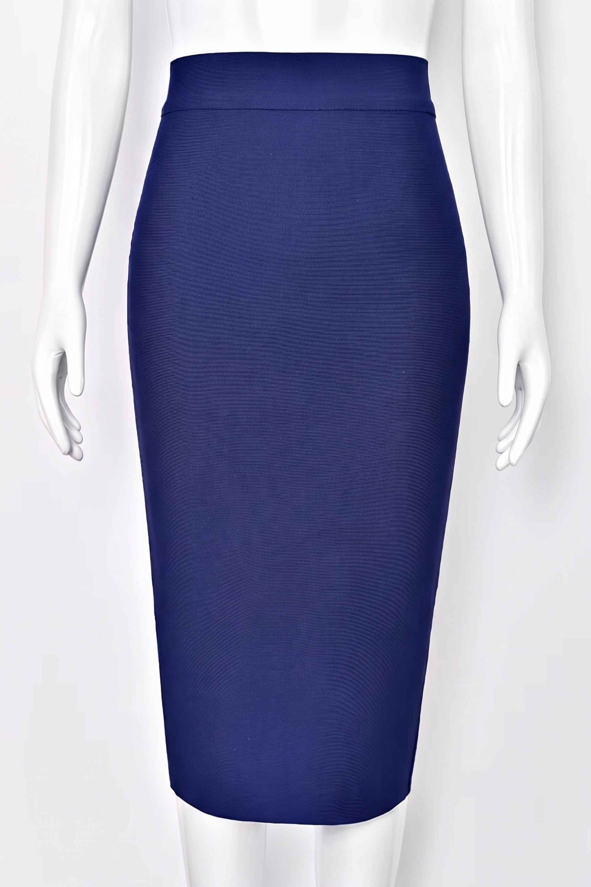 Woman wearing a figure flattering  Pencil High Waist Bandage Midi Skirt - Navy Blue BODYCON COLLECTION