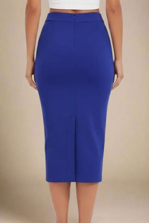 Woman wearing a figure flattering  Pencil High Waist Bandage Midi Skirt - Navy Blue BODYCON COLLECTION