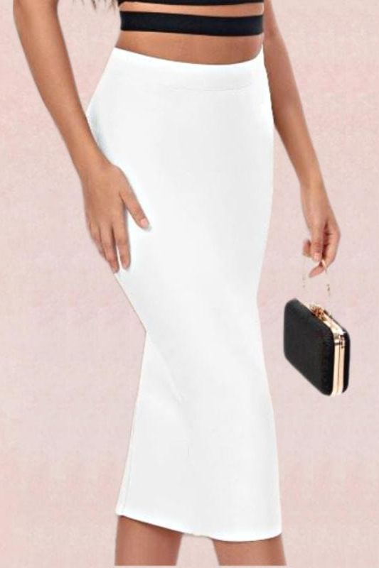 Woman wearing a figure flattering  Pencil High Waist Bandage Midi Skirt - Pearl White BODYCON COLLECTION