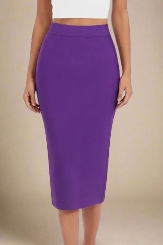 Woman wearing a figure flattering  Pencil High Waist Bandage Midi Skirt - Plum Purple BODYCON COLLECTION