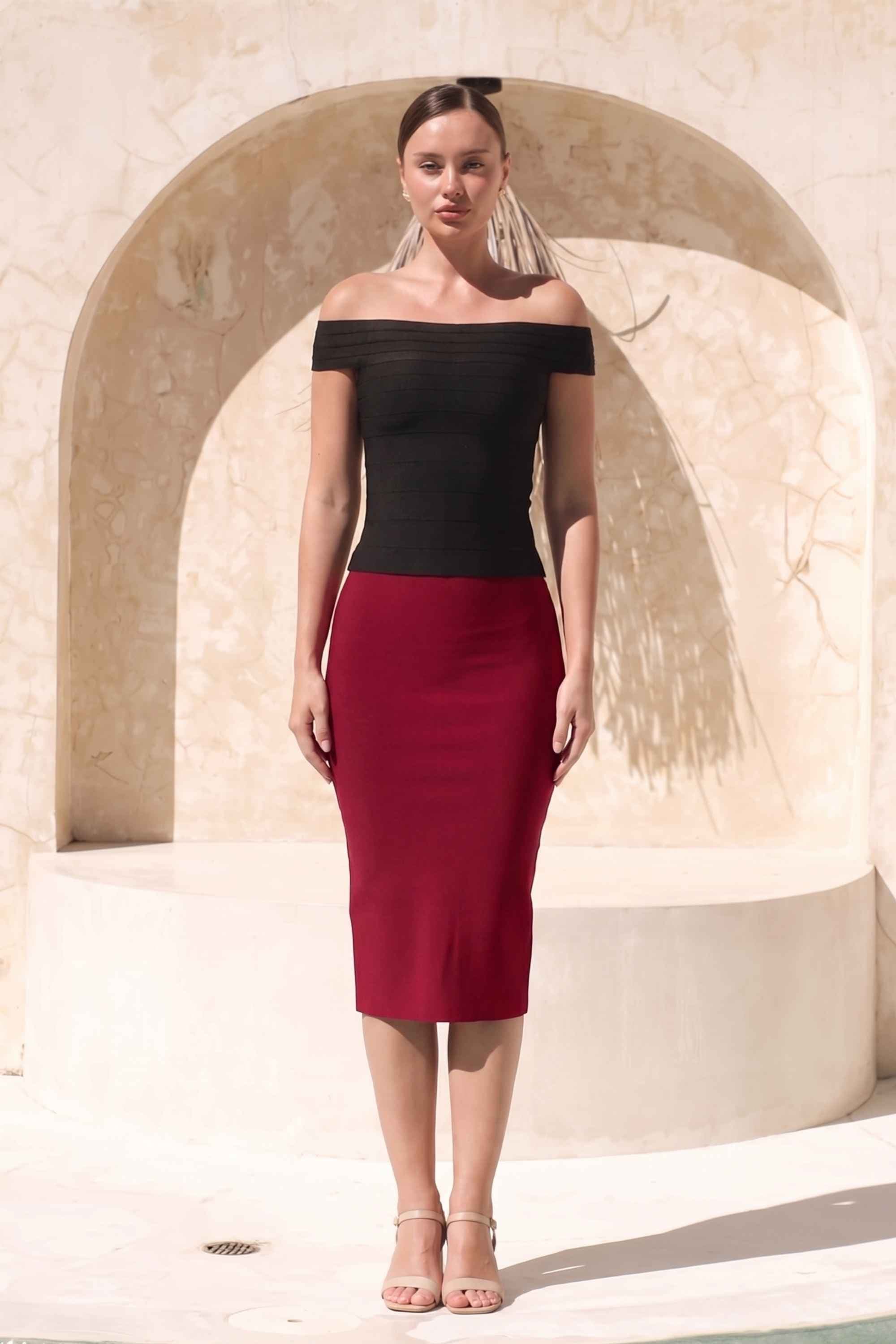 Woman wearing a figure flattering  Pencil High Waist Bandage Midi Skirt - Red Wine BODYCON COLLECTION