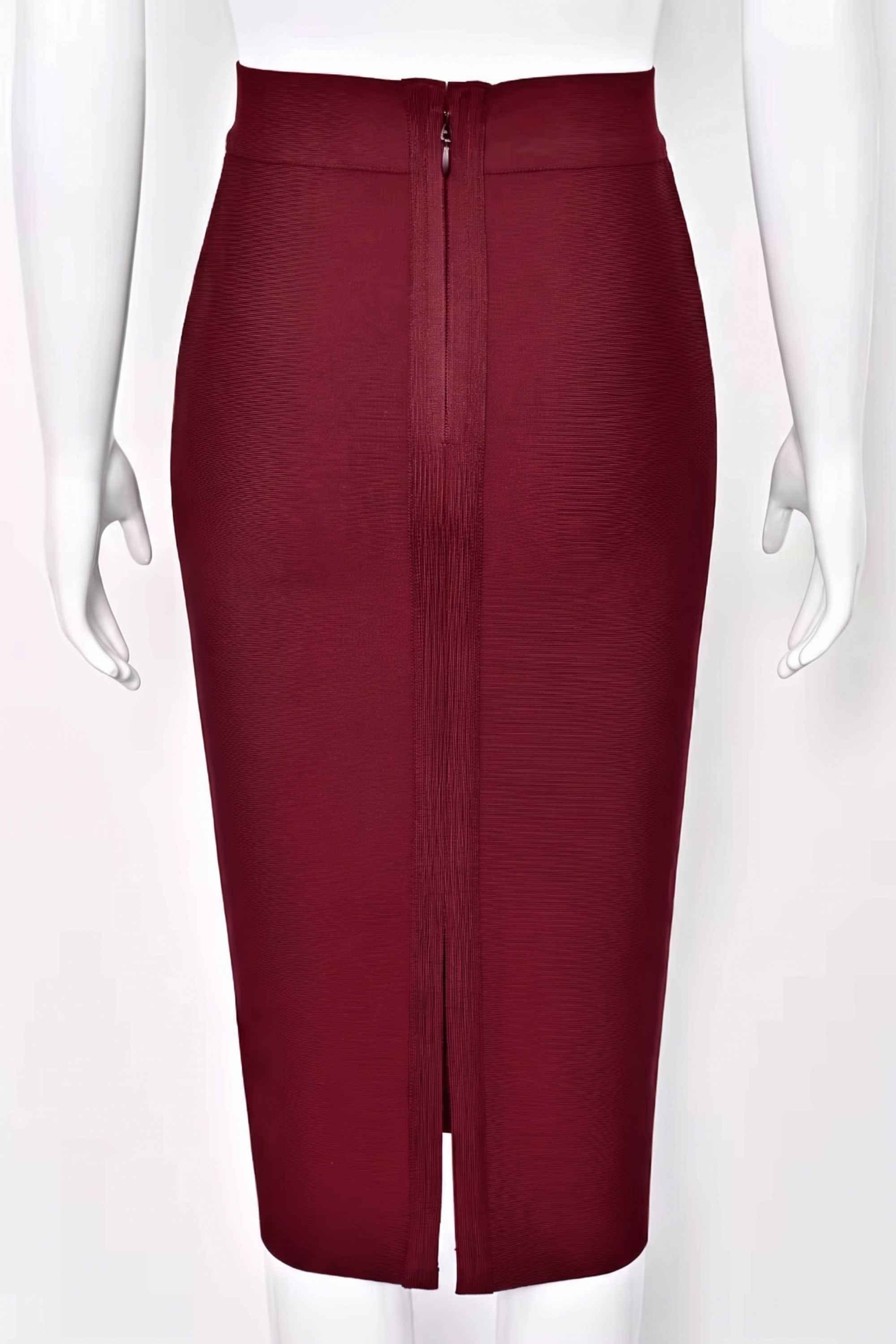 Woman wearing a figure flattering  Pencil High Waist Bandage Midi Skirt - Red Wine BODYCON COLLECTION