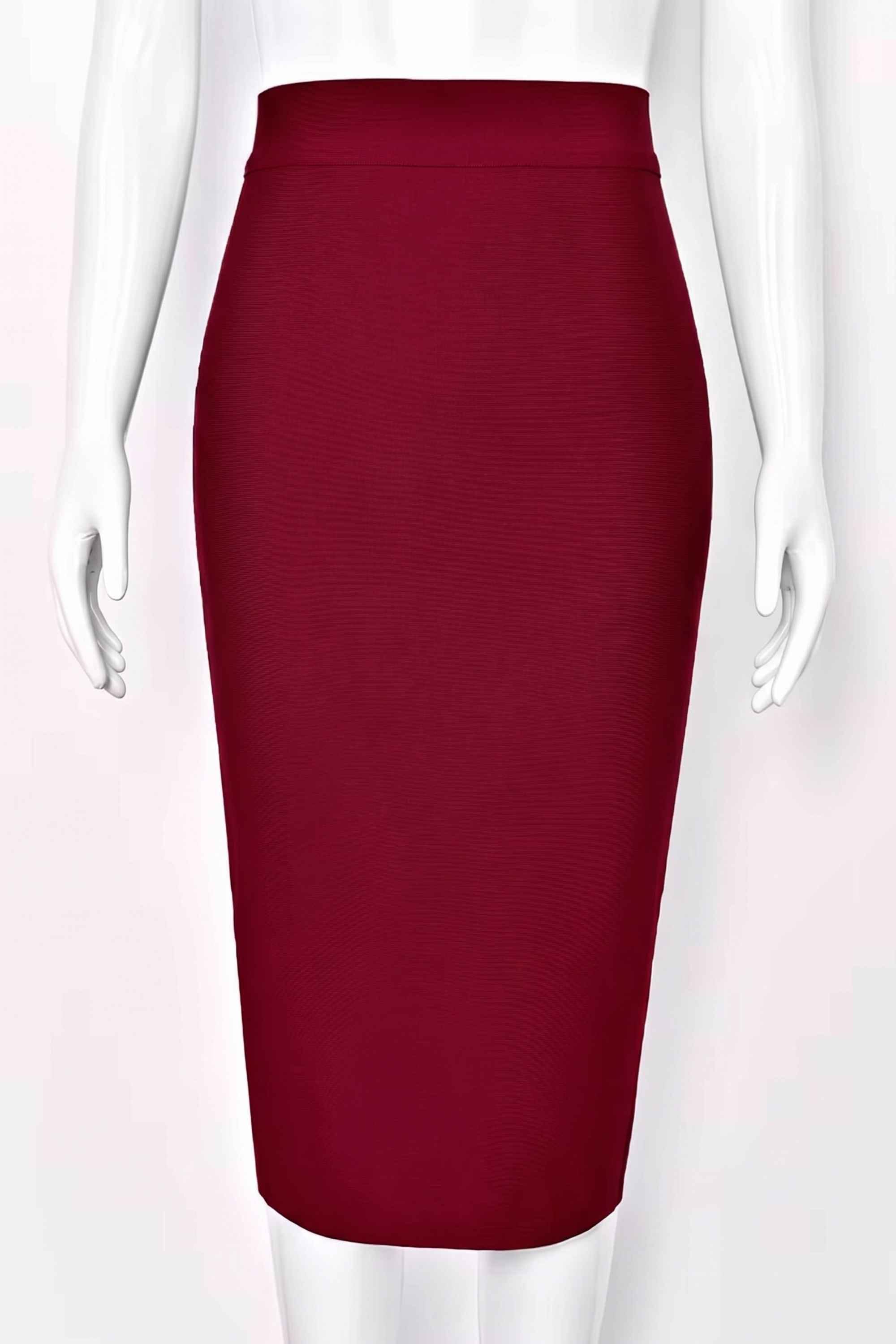 Woman wearing a figure flattering  Pencil High Waist Bandage Midi Skirt - Red Wine BODYCON COLLECTION