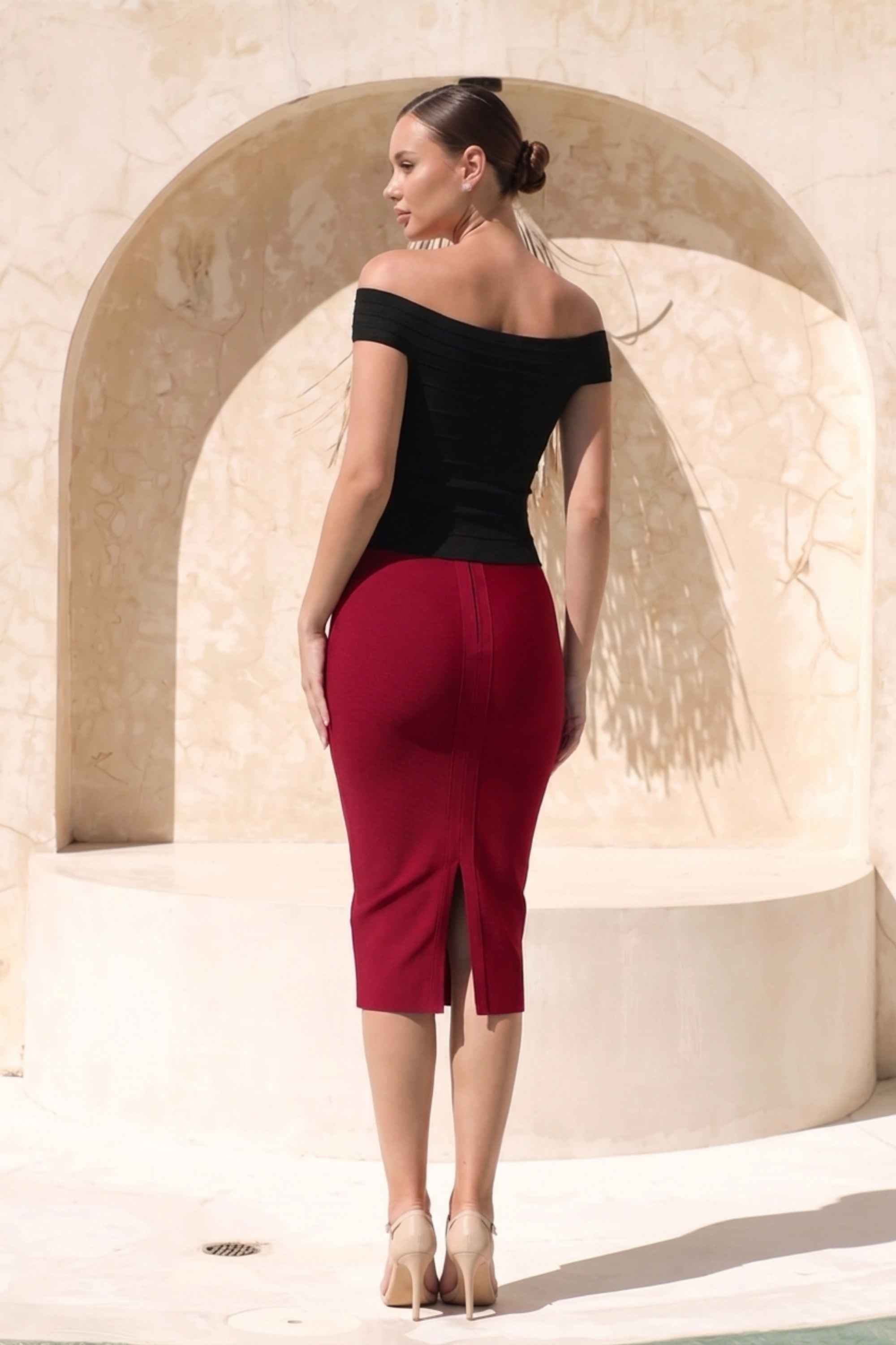 Woman wearing a figure flattering  Pencil High Waist Bandage Midi Skirt - Red Wine BODYCON COLLECTION