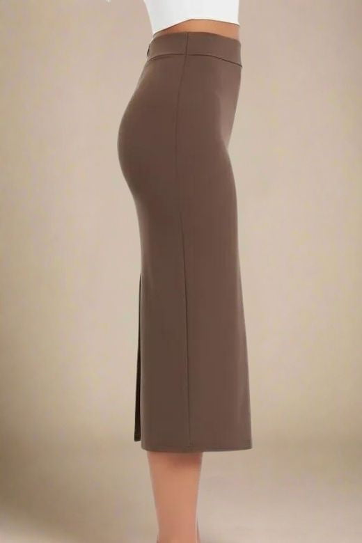 Woman wearing a figure flattering  Pencil High Waist Bandage Midi Skirt - Tan Brown BODYCON COLLECTION