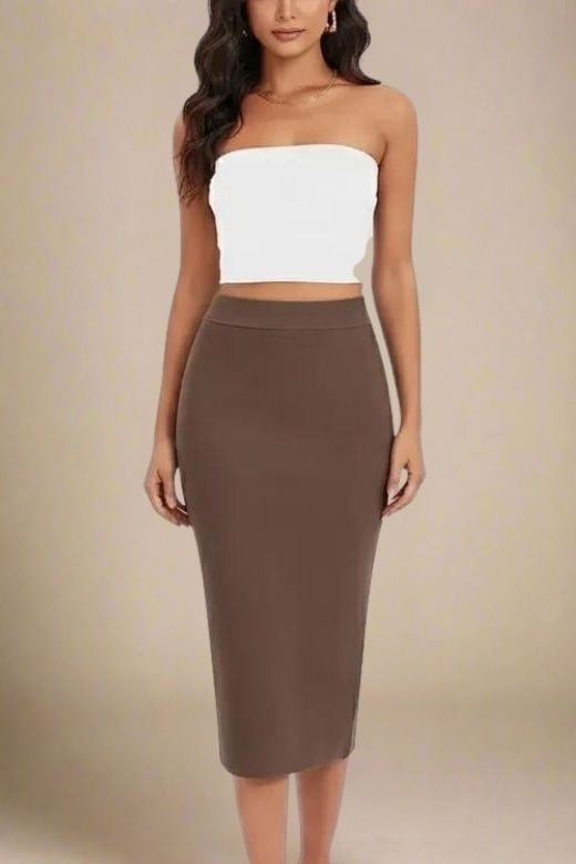Woman wearing a figure flattering  Pencil High Waist Bandage Midi Skirt - Tan Brown BODYCON COLLECTION