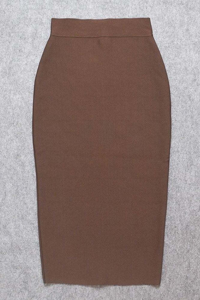 Woman wearing a figure flattering  Pencil High Waist Bandage Midi Skirt - Tan Brown BODYCON COLLECTION