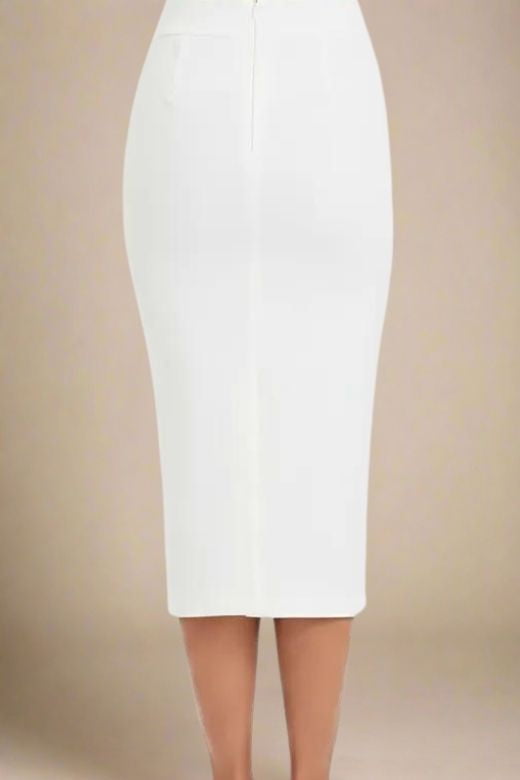 Woman wearing a figure flattering  Pencil High Waist Bandage Midi Skirt - White Pearl BODYCON COLLECTION